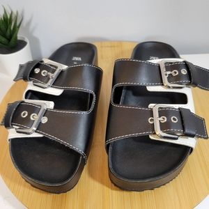 ZARA black white color block buckle casual slip on flat slides